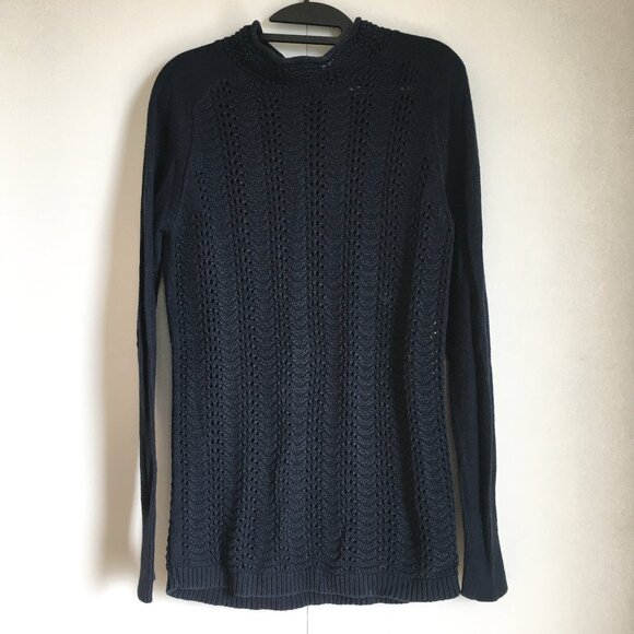 Y2K Navy 100% Cotton Crochet Mockneck Sweater - Picture 3 of 15